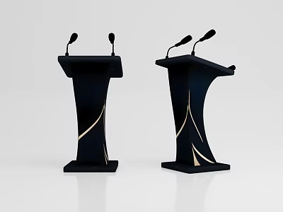 Two Black Podiums With Microphones And Decorative Golden Lines Design 3d model