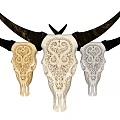 Animal Wall Decor with Three Skulls Black Horns Intricate Cutout Patterns Gold White Gray Tones