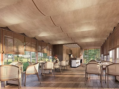 Cozy Restaurant Interior Featuring Wooden Ceiling Wicker Furniture Large Windows And Blinds 3d model