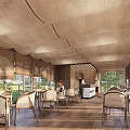 Cozy Restaurant Interior Featuring Wooden Ceiling Wicker Furniture Large Windows And Blinds