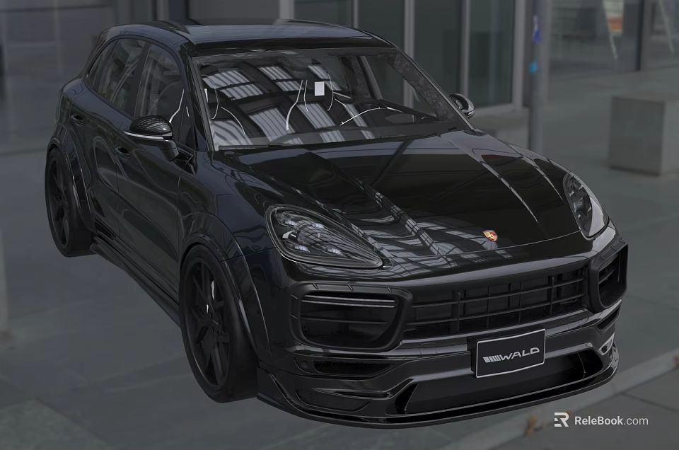 Black Porsche Cayenne SUV with Sporty Modified Exterior Design and Modern Building Background 3d model 