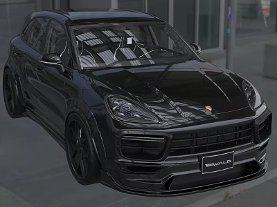 Black Porsche Cayenne SUV with Sporty Modified Exterior Design and Modern Building Background 3d model