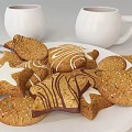 Festive Decorated Cookies With White Icing On A Plate And Hot Tea In White Cups