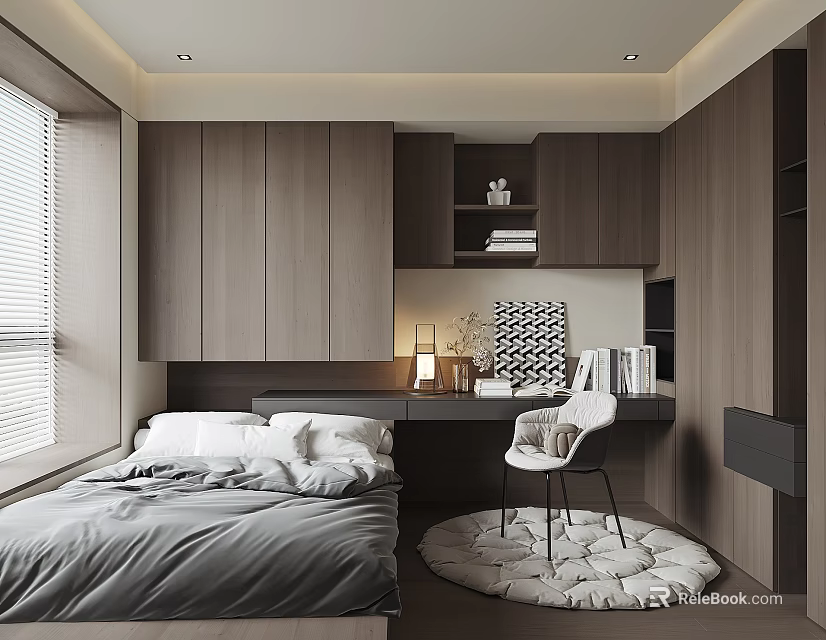 Modern Tatami Bedroom Interior With Low Bed Wooden Cabinets Desk Chair And Window Blinds 3d model 