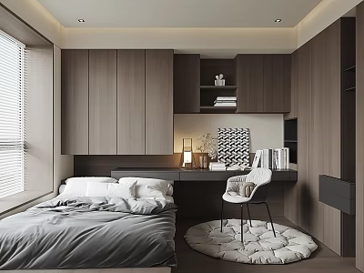 Modern Tatami Bedroom Interior With Low Bed Wooden Cabinets Desk Chair And Window Blinds 3d model