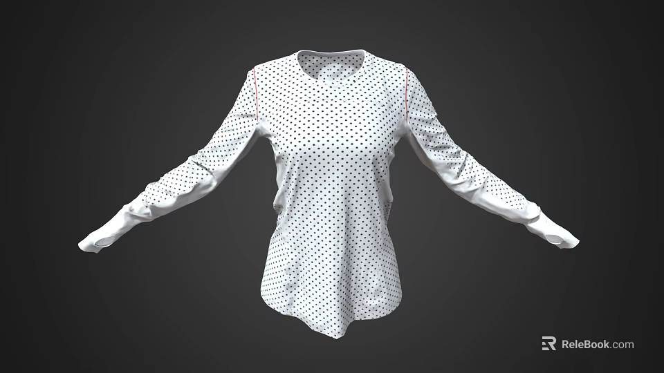 White Long Sleeve Shirt with Black Polka Dots and Round Neck Casual Design 3d model 