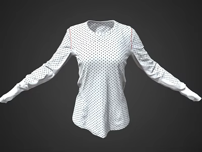 White Long Sleeve Shirt with Black Polka Dots and Round Neck Casual Design 3d model