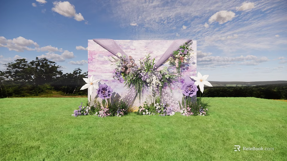 Outdoor Floral Installation With Purple White Flowers Green Grass And Blue Sky Backdrop 3d model 