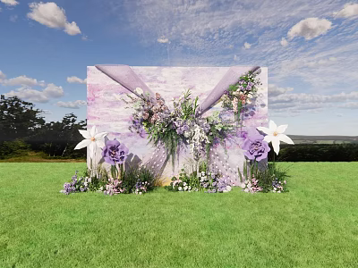 Outdoor Floral Installation With Purple White Flowers Green Grass And Blue Sky Backdrop 3d model