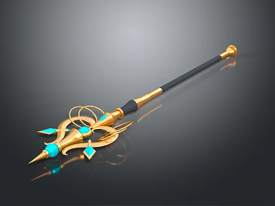 Ornate Fantasy Weapon with Golden Decoration Black Handle Blue Gemstones Circular Ring Design and Spearhead 3d model