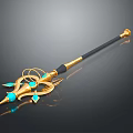 Ornate Fantasy Weapon with Golden Decoration Black Handle Blue Gemstones Circular Ring Design and Spearhead
