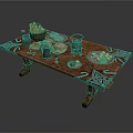 Rustic Wooden Dining Table with Ornate Metal Accents and Food Plates Decor