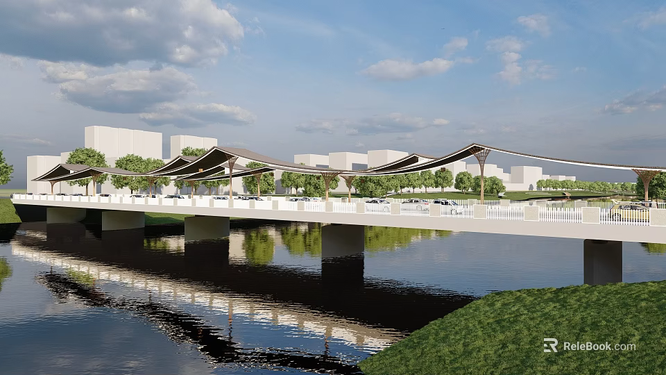 Scenic Landscape Bridge Over Water With Sail Canopy Greenery Reflection And Modern Buildings 3d model 