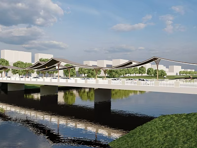 Scenic Landscape Bridge Over Water With Sail Canopy Greenery Reflection And Modern Buildings 3d model