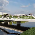 Scenic Landscape Bridge Over Water With Sail Canopy Greenery Reflection And Modern Buildings