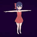 Cartoon Style Woman With Blue Hair Green Eyes In Red Dress Arms Outstretched
