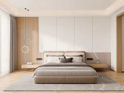 Modern Bedroom Interior Design With Large Bed Wooden Accents Light Wood Flooring And Gray Rug 3d model