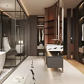 Modern Bathroom Interior Design With Marble Countertop Mirror And Wooden Cabinets