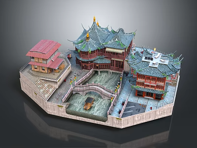 Cartoon Miniature Scene of Traditional Chinese Architecture With Curved Roofs Pond Small Bridge and Boat 3d model