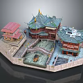 Cartoon Miniature Scene of Traditional Chinese Architecture With Curved Roofs Pond Small Bridge and Boat