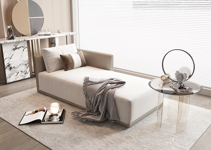 Modern Interior Design With Beige Chaise Lounge Soft Blanket Transparent Side Table And Rug 3d model 