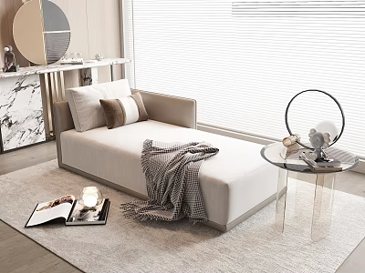 Modern Interior Design With Beige Chaise Lounge Soft Blanket Transparent Side Table And Rug 3d model