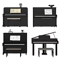 Different Types of Black Pianos with Music Sheets and Stools for Home Use