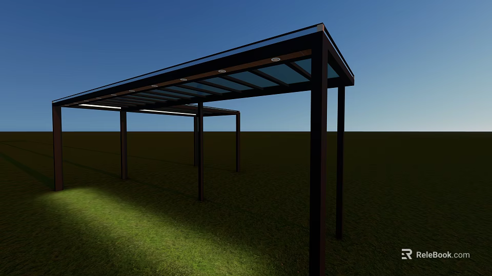 Outdoor Canopy With Black Frame And Glass Top In Grass Field Under Blue Sky 3d model 