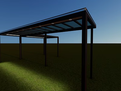 Outdoor Canopy With Black Frame And Glass Top In Grass Field Under Blue Sky 3d model