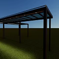 Outdoor Canopy With Black Frame And Glass Top In Grass Field Under Blue Sky