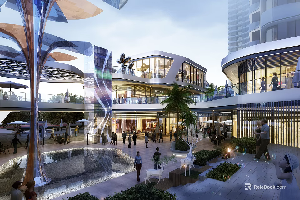 Modern Commercial Street With Open Space Greenery People Gathering And Water Features 3d model 