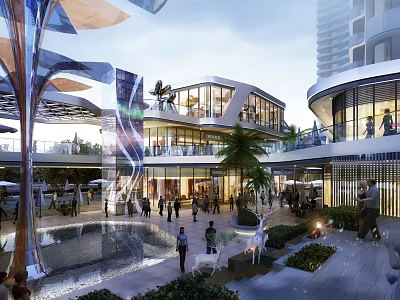 Modern Commercial Street With Open Space Greenery People Gathering And Water Features 3d model