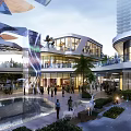 Modern Commercial Street With Open Space Greenery People Gathering And Water Features