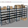 Blue Metal Shelving Units with Multiple Shelves Holding Bottles Cardboard Boxes And White Containers
