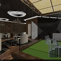 Modern Sales Office Interior With Building Models Chandeliers And Wooden Walls