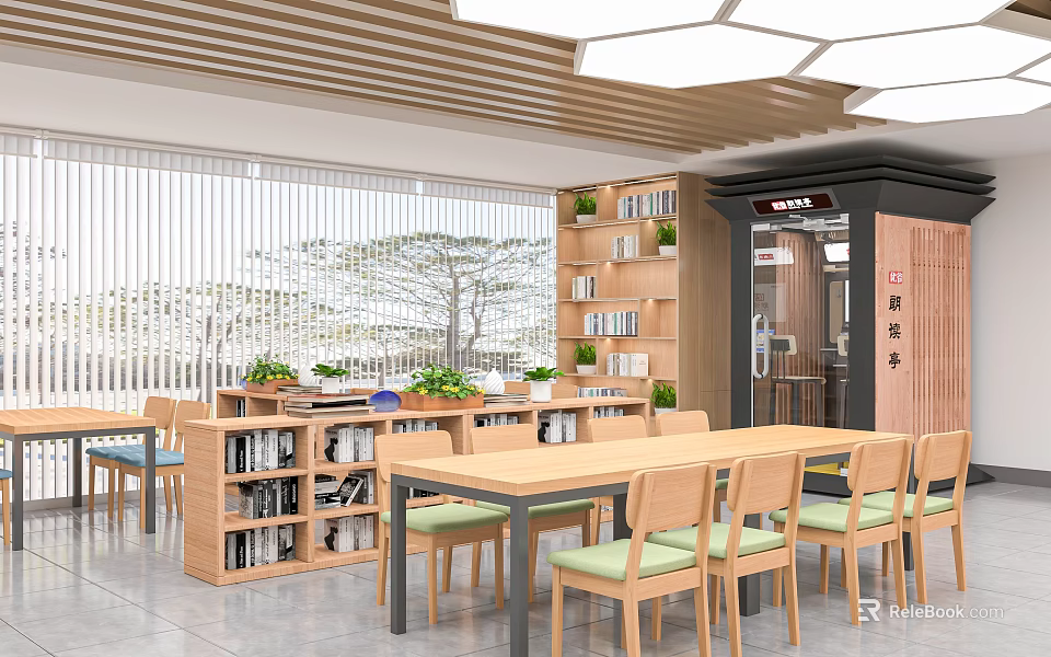 Artistic Library Reading Space With Bookshelves And Chairs 3d model 