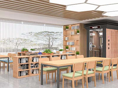 Artistic Library Reading Space With Bookshelves And Chairs 3d model