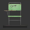 Vintage Green Chair with Small Attached Desk Key Design on Backrest and White Tiled Base