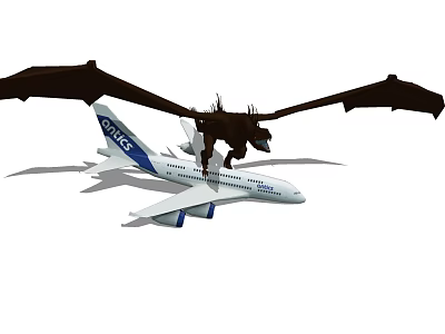 Black mythical dragon perched on commercial airplane during flight 3d model