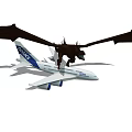 Black mythical dragon perched on commercial airplane during flight