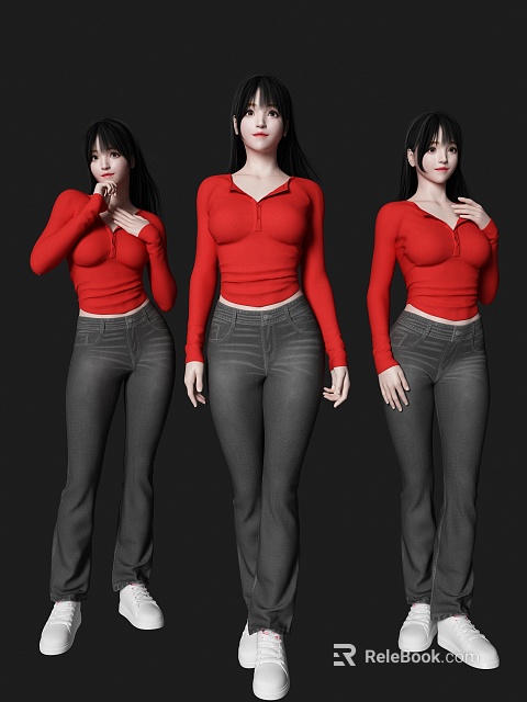 Three Women Wearing Red Tops And Gray Jeans In Different Standing Poses 3d model 