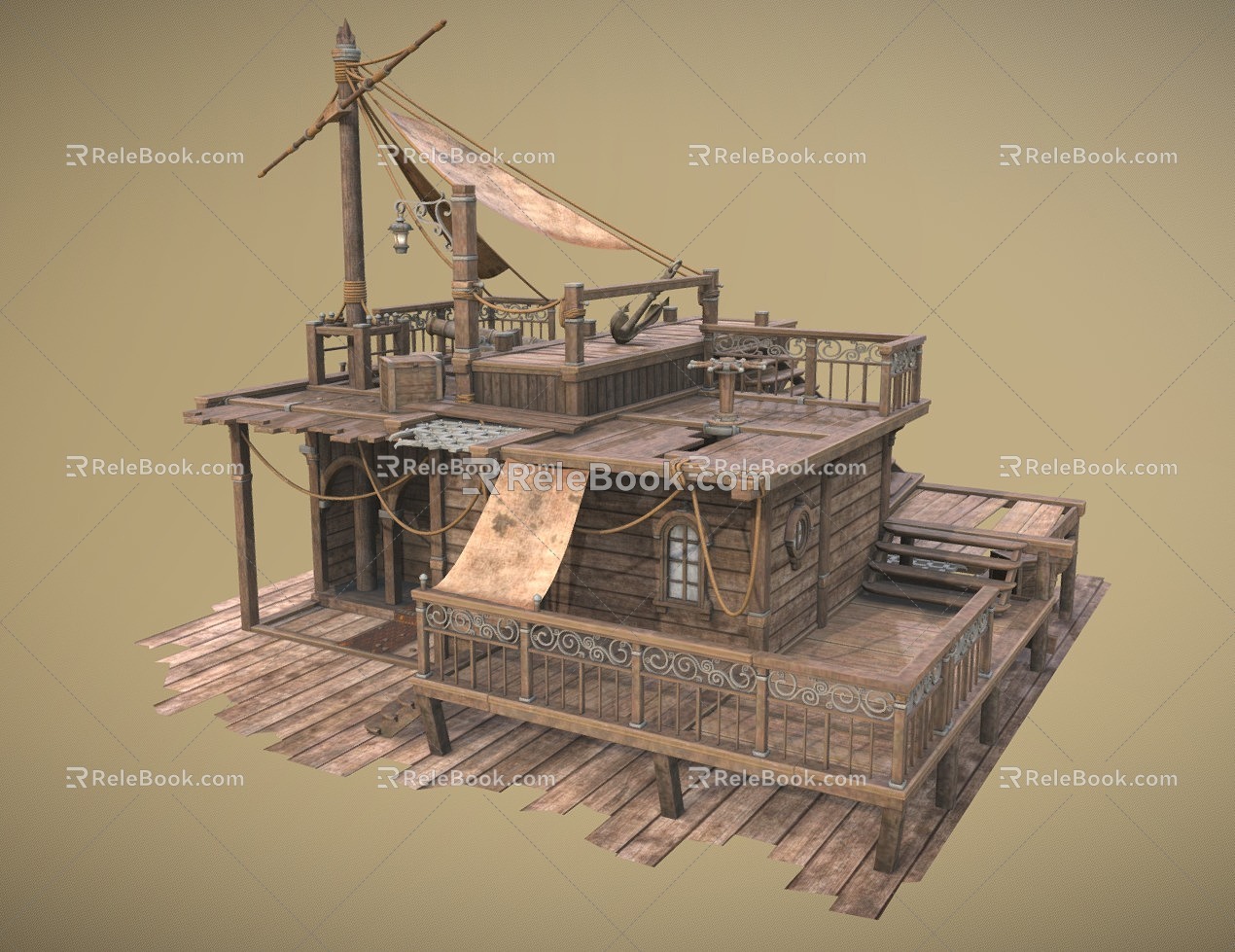 Wooden Boat Boat House Sailing Boat House Canvas Cloth Old Wooden House Old Boat Mast Wooden Box Barrel Deck 3d model