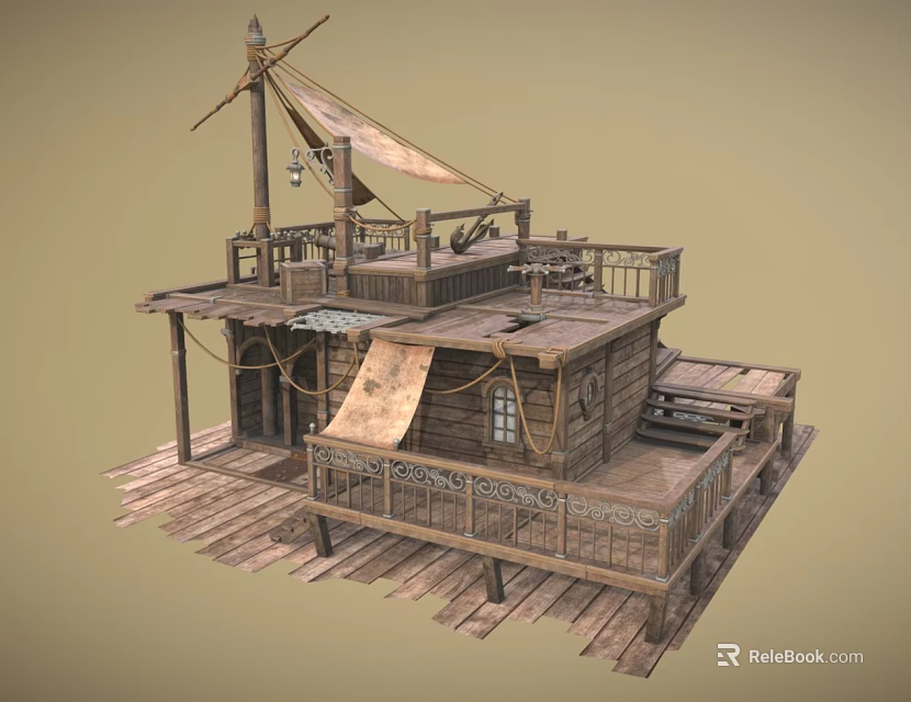 Vintage Wooden Boat With Wooden Deck Canvas Cover Railings And Small Windows 3d model 