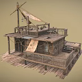 Wooden Boat House Sailing Boat House Canvas Cloth Old Wooden House Old Boat Mast Wooden Box Barrel Deck 3d model