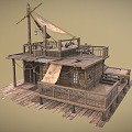 Wooden Boat Boat House Sailing Boat House Canvas Cloth Old Wooden House Old Boat Mast Wooden Box Barrel Deck 3d model