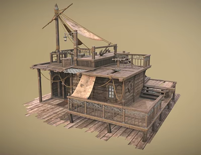 Vintage Wooden Boat With Wooden Deck Canvas Cover Railings And Small Windows 3d model