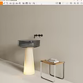 Contemporary Glass Washbasin With White Pedestal Black Faucet Small Table Rolled Towels Light Colored Background