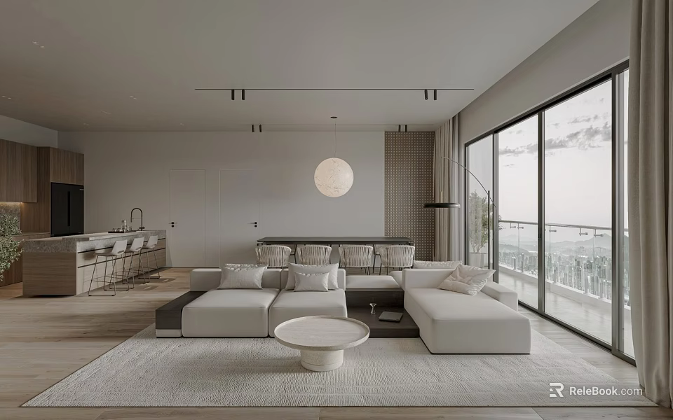 Contemporary Living Dining Room With White Sofa Round Coffee Table And Floor To Ceiling Windows 3d model 