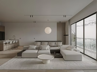 Contemporary Living Dining Room With White Sofa Round Coffee Table And Floor To Ceiling Windows 3d model