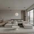 Contemporary Living Dining Room With White Sofa Round Coffee Table And Floor To Ceiling Windows